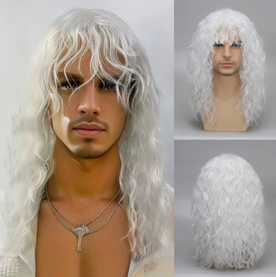 Mens 80s Long Curly White Wig Mullet Wigs Men Costume Heavy Metal Rock Wig 