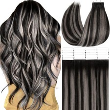 Anrosa Black and Silver Tape in Hair Extensions Human Hair 18 Inch