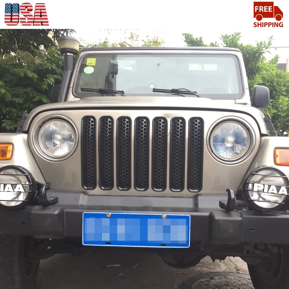 7PCS Black Clip-in Front Grill Mesh Grille Insert Kit For Jeep Wrangler TJ 1997+ - Изображение 2 из 4