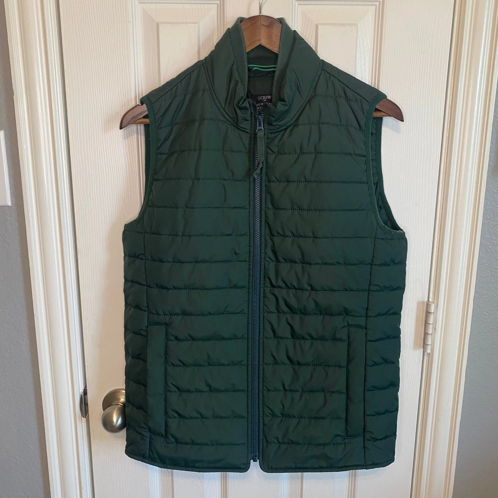 J.Crew Mens Small Puffer Vest Dark Green 3M Thinsulate Quilted Full Zip Preppy