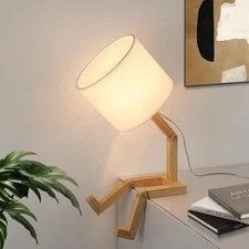 Industrial Cute Table Lamp with Wood Base - White Farbic Shade Searchlight St...