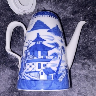Vintage Blue Canton Porcelain Teapot   Blue & White Scenic Design  Made in Japan