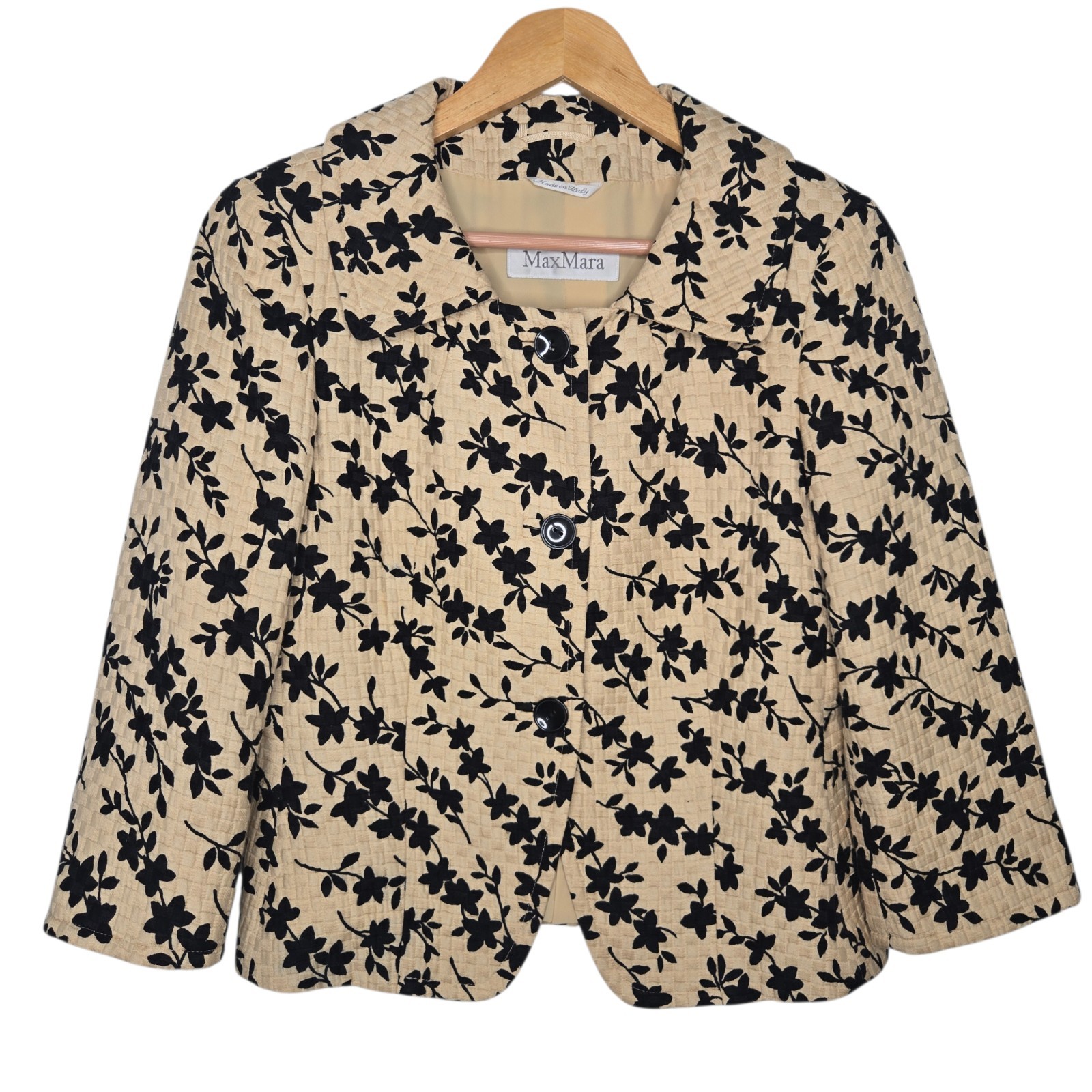 Max Mara Womens Tan Black Floral Print Cotton Silk Quilted Blazer Size 8