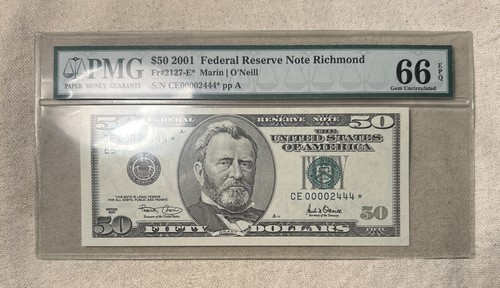 50 Dollar Federal Reserve 50 Dollar Schein 2001. PMG MS 66. Stern. Niedrige Seriennummer