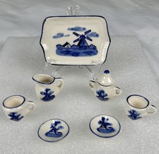 Delft Miniature Porcelain Tea Set Holland Windmills Hand painted white and blue