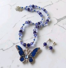 Handcrafted Little Girls Or Choker Beaded Necklace Earring Set Blue Butterfly