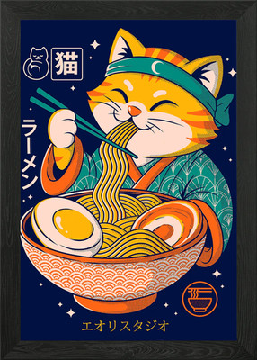 Cat Eating Ramen Framed Wall Art Poster Canvas Print Picture