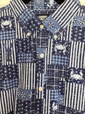 Lands End Cruise Beach Shirt Mens XL Short Sleeve Button Crab Flag Print Cotton