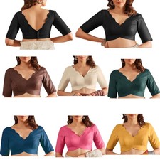Women s Cotton Linen Blend Blouse Scallop Deep Back Neck Ready to Wear Choli