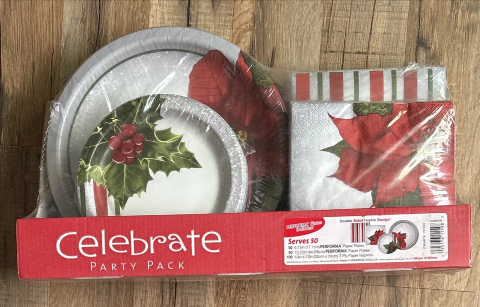 Christmas Poinsettias Party Pack Paper Plates, Napkins, Serves 50 Holiday Theme - Image 2 of 4