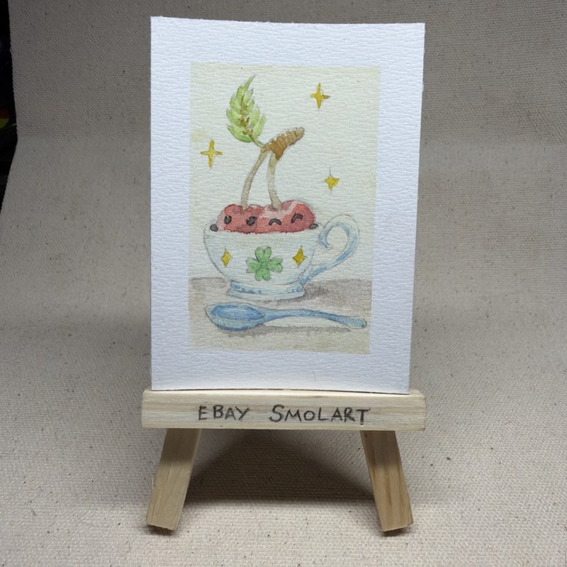 ACEO Original Cuppa Cherries - Fruit Watercolor Trading Card - by Smolart