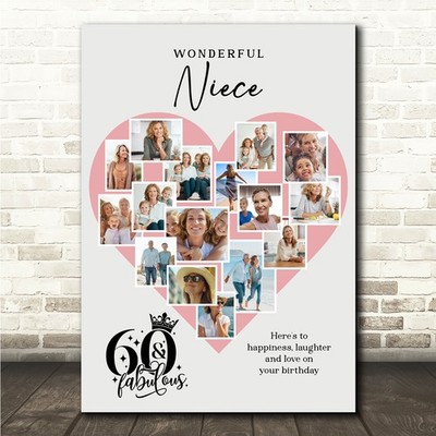 Fotocollage 60. Geburtstag Geschenk für Nichte 16-Foto rosa Herz Druck oder Leinwand