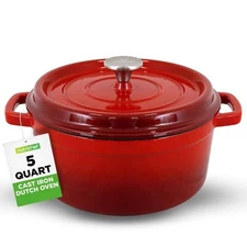 NutriChef 12.7 in x 9.8 in 5qt Dutch Oven Pot Cast Iron & Enameled Red