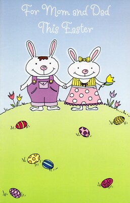 Cute EASTER Card FOR MOM AND DAD, Joyful Rabbit Couple by Gallant Greetings + 
