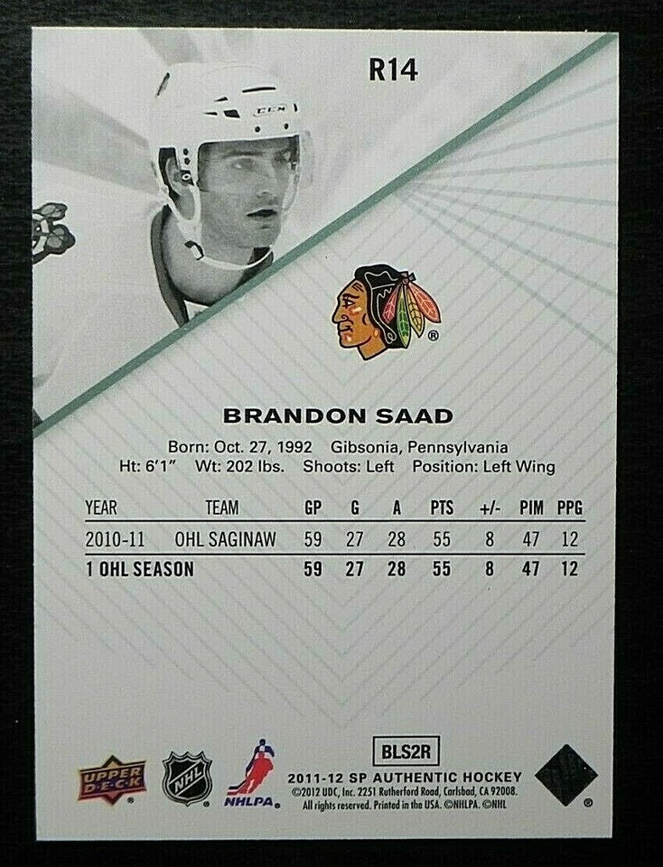 2011-12 11/12 SP Authentic ROOKIE Extended R14 Brandon Saad Chicago Blackhawks - Image 2 of 2