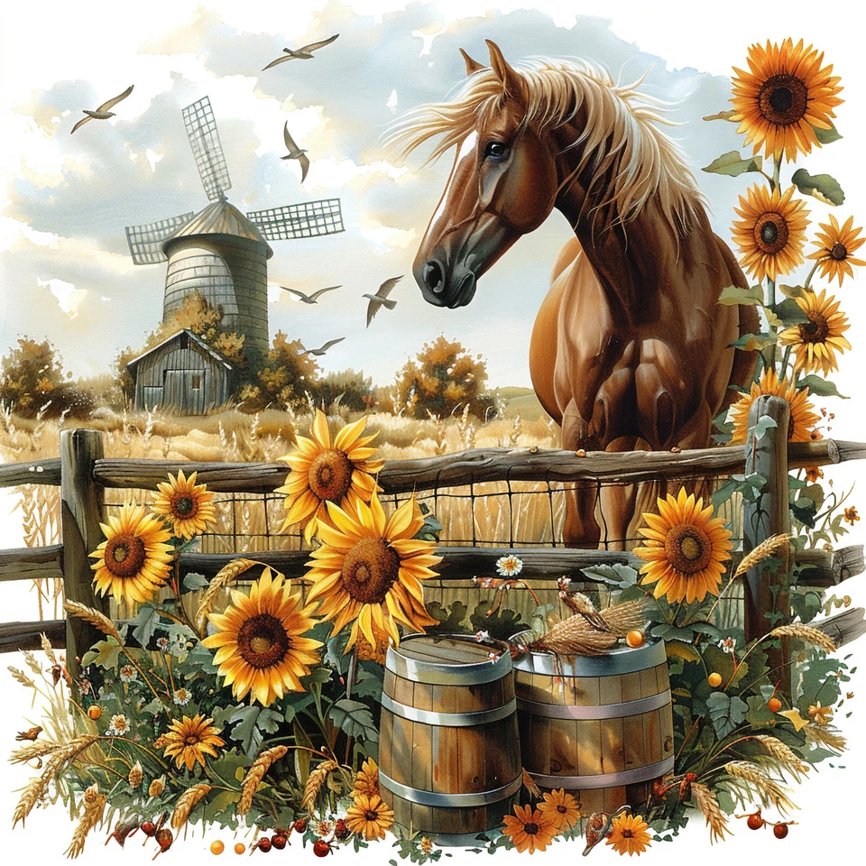Wandbild Windmühle Pferd Herbst Landschaft Deko Bild Tiere Wanddeko Wandfliese - Bild 1 von 1