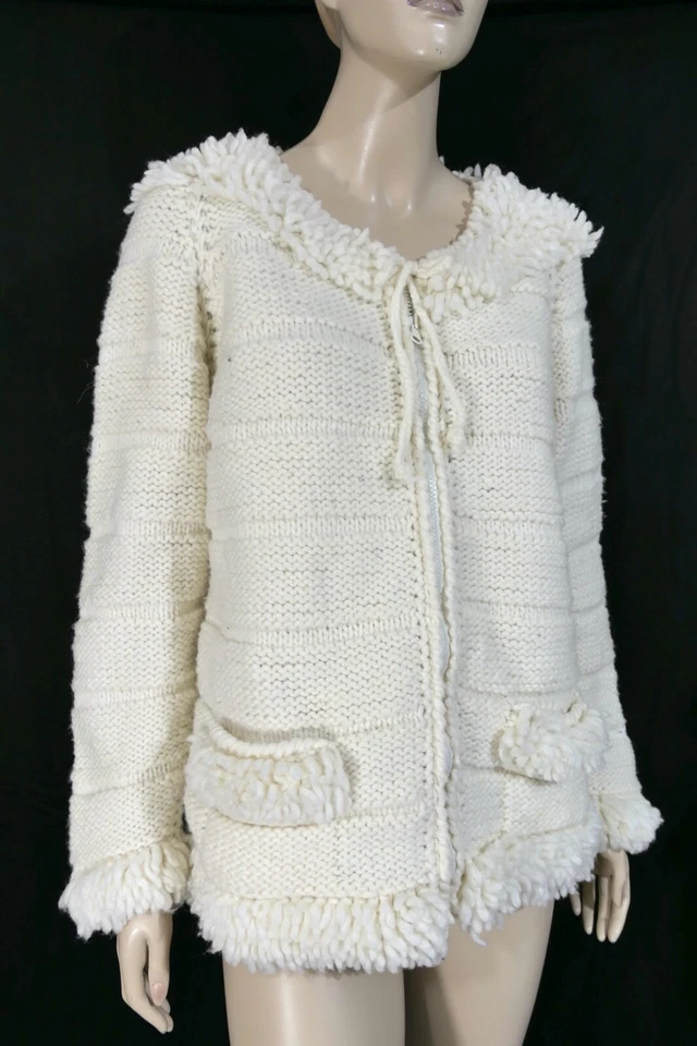 Suéter Chaqueta Ecuador Vintage Años 70 Mod Hippy Blanco Flecos Lavado a Máquina M/L Foto 2 de 4