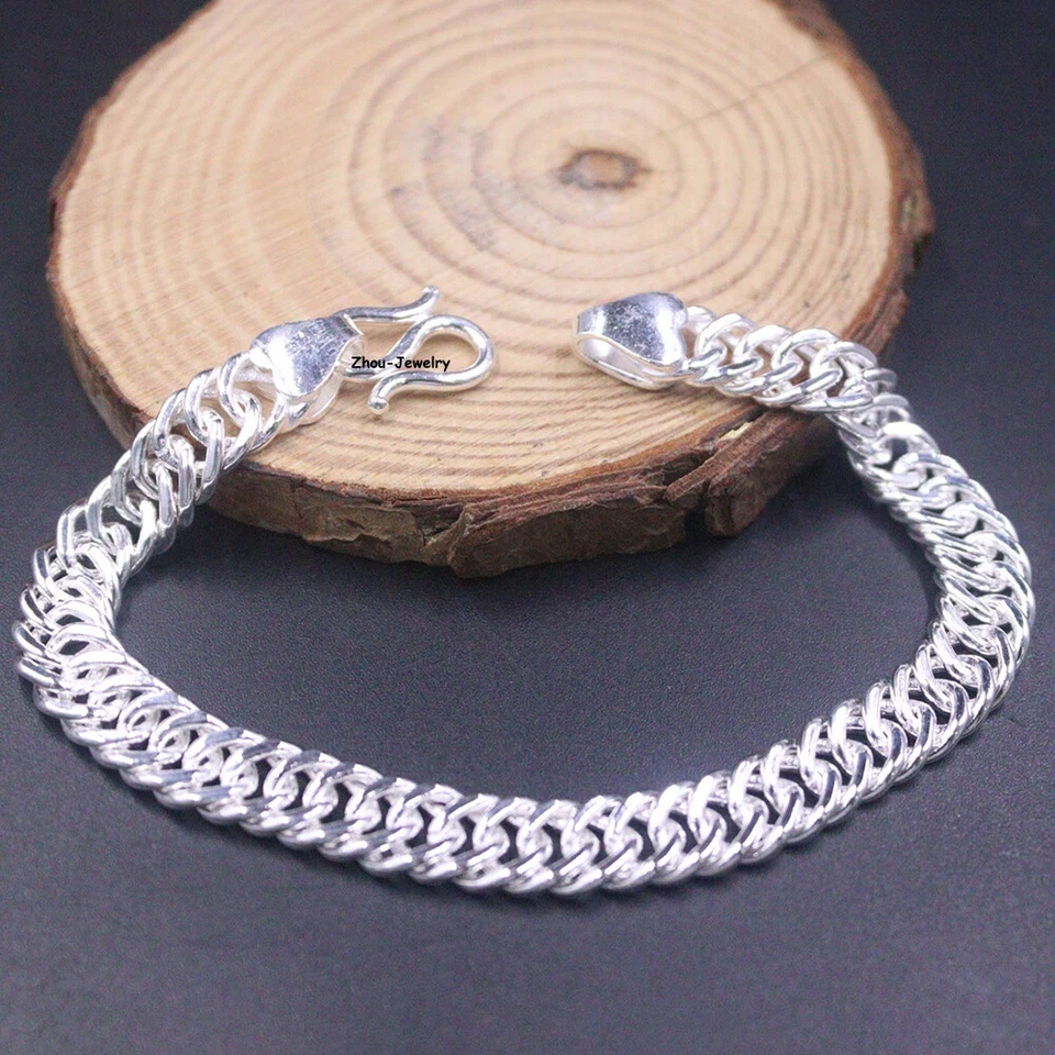 Pulsera de eslabones cubanos de cadena de plata fina 9999 pura de 8 mm 19-20 g 7,5 pulgadas 18 cm Foto 3 de 4