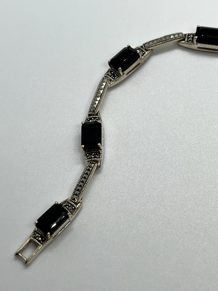 925 STERLING SILVER  AGATE & MARCASITE BRACELET Foto 3 de 4