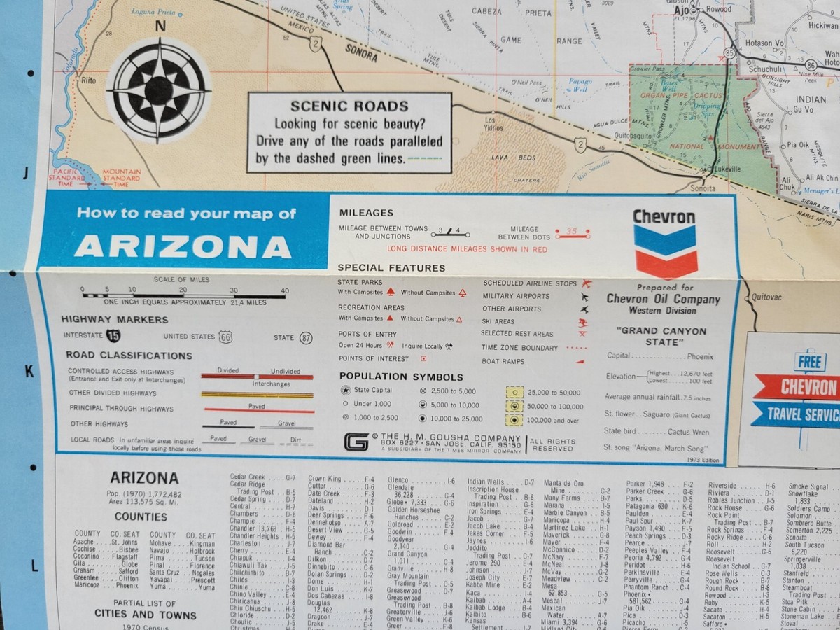 Vintage Chevron Road Map Gas Station Arizona 1973 & Texas