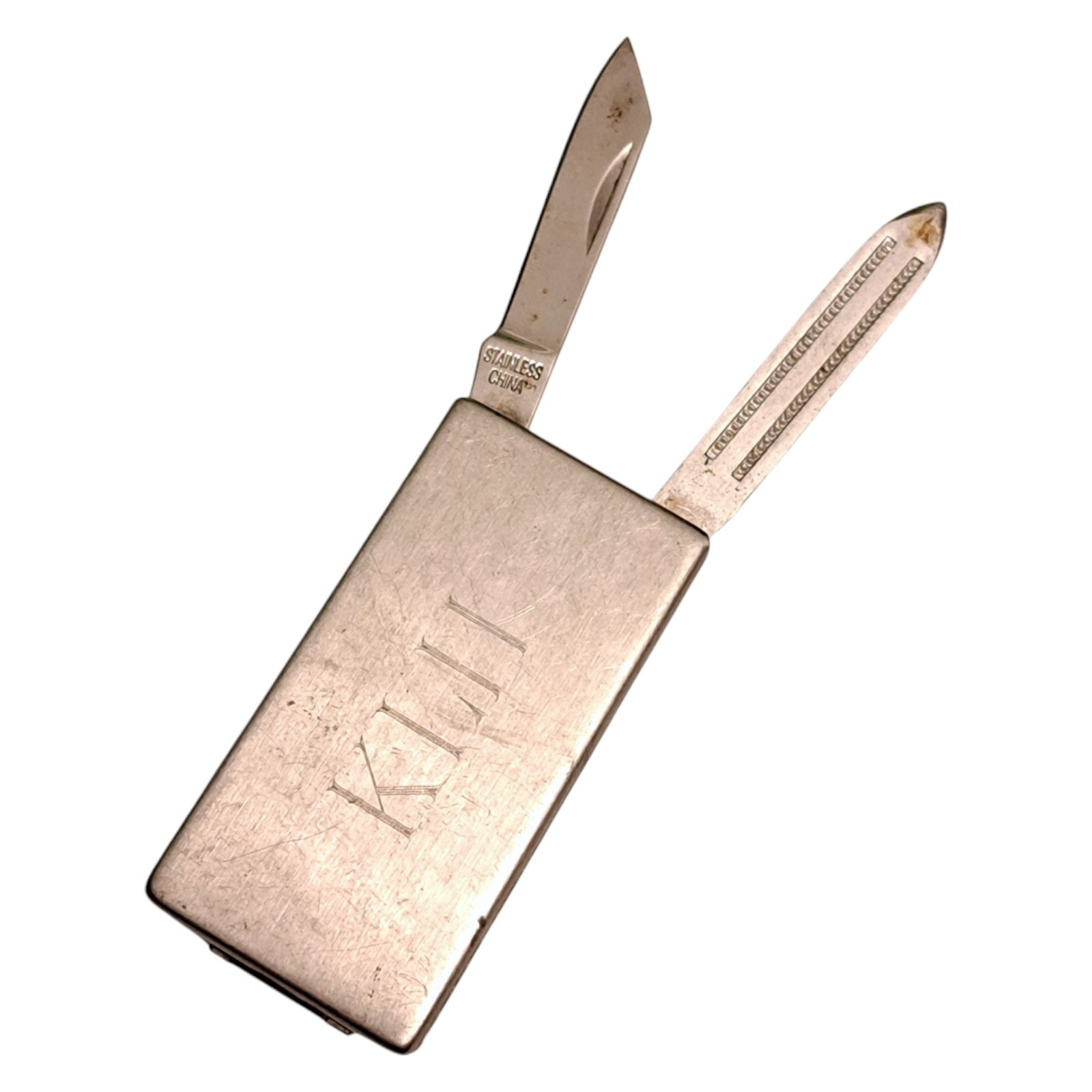 Vintage Money Clip Pocket Knife Engraved KLH Miniature Rectangular-image