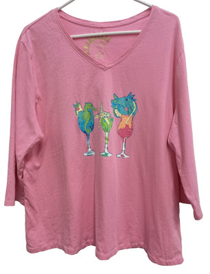 Sun Bay Womens Top Size 1X Pink Graphic Print Novelty 3/4 Sleeve V-Neck Resort