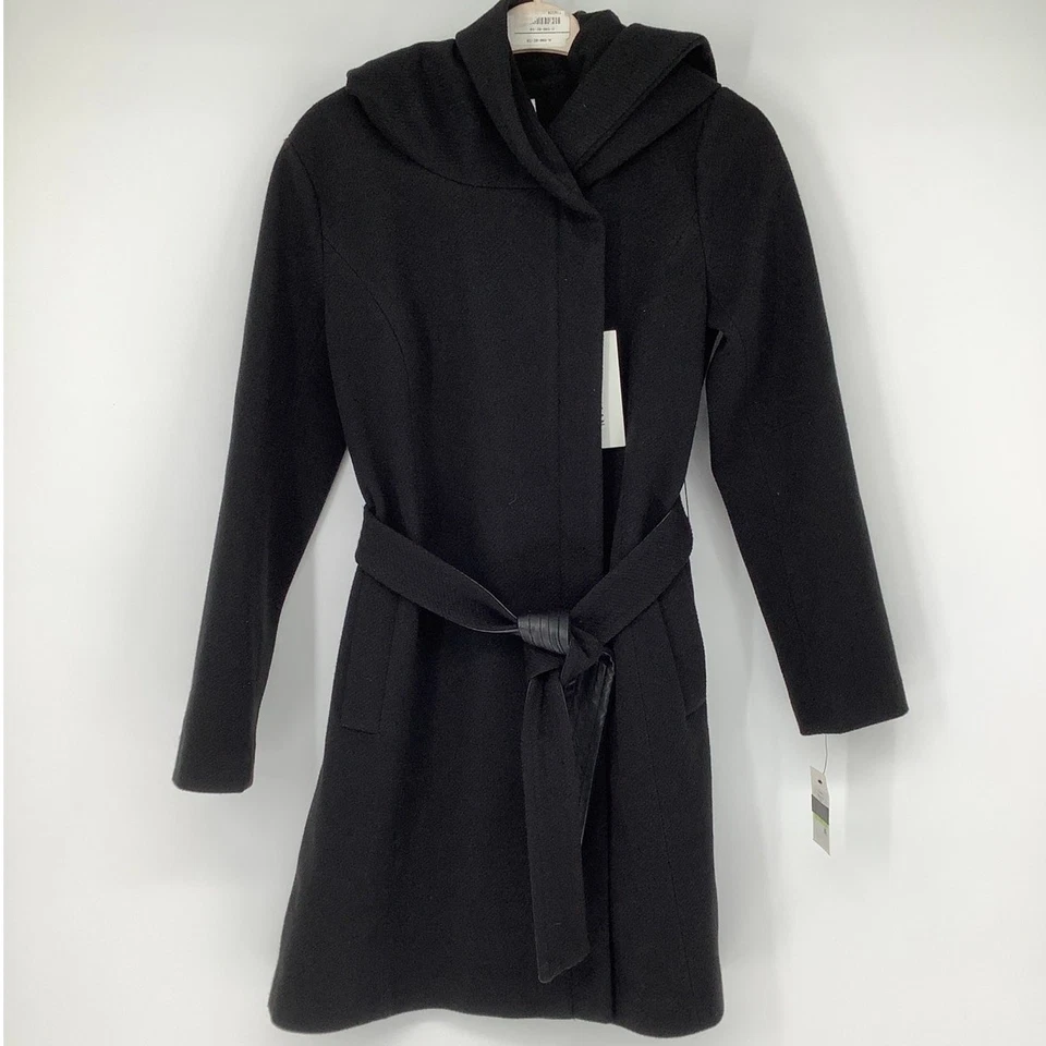 Abrigo de sarga con capucha Cole Haan para mujer 4 negro con cinturón y cremallera frontal HR3-19 Foto 3 de 4