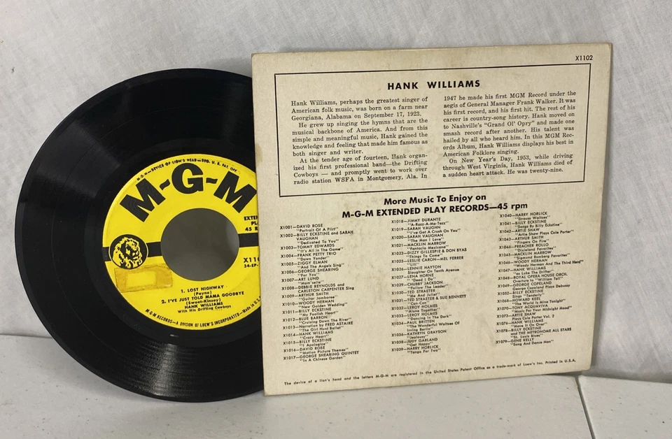 1950s HANK WILLIAMS "Lost Highway" MGM X1102 7" EP 45 RPM with PICTURE SLEEVE - Image 2 of 4