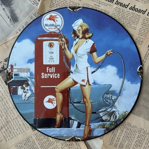 VINTAGE MOBILGAS FULL SERVICE GASOLINE PUMP 12 INCH PORCELAIN ENAMEL SIGN