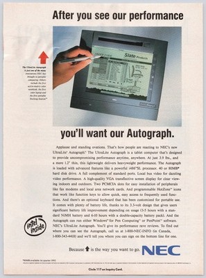 NEC UltraLite Autograph 1993 Original Print Ad Tablet Computer Intel