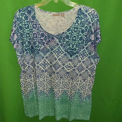 3179) NWOT CHICO'S 2 green blue thin cotton pullover knit top tee short sleeve 