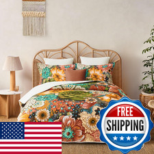 Boho Floral Quilt Sets King Size Reversible Mid Century Quilt Bedding Set Bohemi