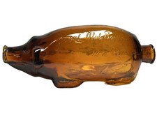 RARE 1870s ANTIQUE FIGURAL PIG EMBOSSED GOOD OLD BOURBON IN A HOG AMBER BOTTLE