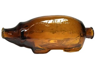 ✨RARE 1870s ANTIQUE FIGURAL PIG EMBOSSED GOOD OLD BOURBON IN A HOG AMBER BOTTLE✨