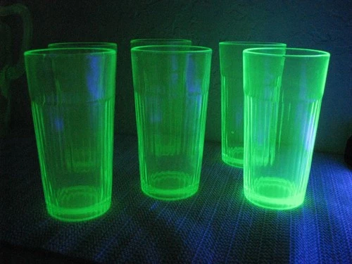 6 Vintage Depression Glass Green Uranium Vaseline 12oz Tumblers Ribbed Pattern