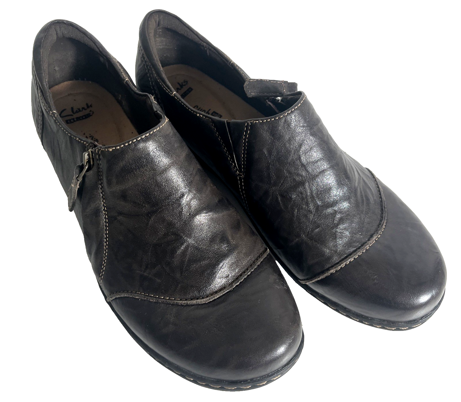 Clarks Women’s 10W Brown Leather Side Zip Loafers Slip On Casual Shoes