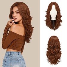 20 Inch Brown Layered Wavy Wig with Curtain Bangs for Women