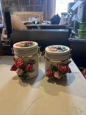 Set Of 2 Vintage Hand Painted KMC Ceramic 3D Roses Canister