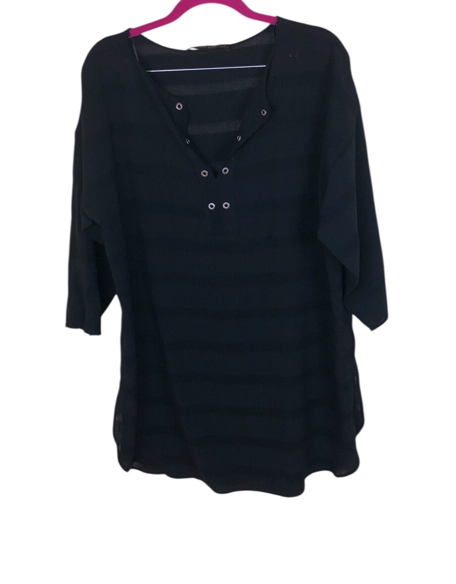Zara Basic Black Striped 3/4 Sleeve Split Neck la… - image 1