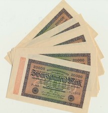 Reichsbanknote 20 Tsd.Mark 1923, fortlaufende Nummer, 11 St&uuml;ck, Kassenfrisch