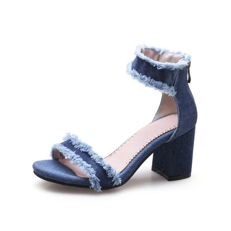 Womens High Block sandals Ankle Strap Denim Open Toe Zip Party Casual jean Shoes - Image 2 of 4