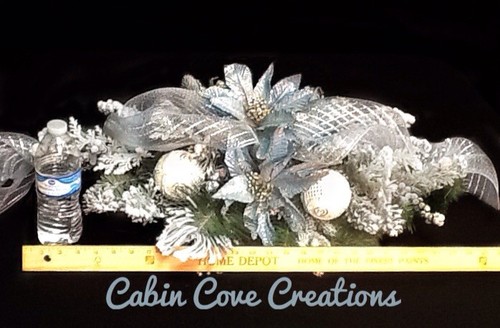 Christmas Floral Arrangement Swag Holiday Centerpiece Blue Silver Snow Flocked - Picture 5 of 12