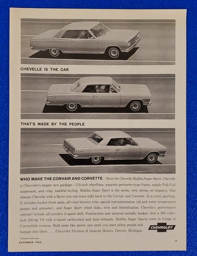 1963 CHEVY CHEVELLE MALIBU SUPER SPORT ORIGINAL GM CLASSIC PRINT AD CHEVROLET SS