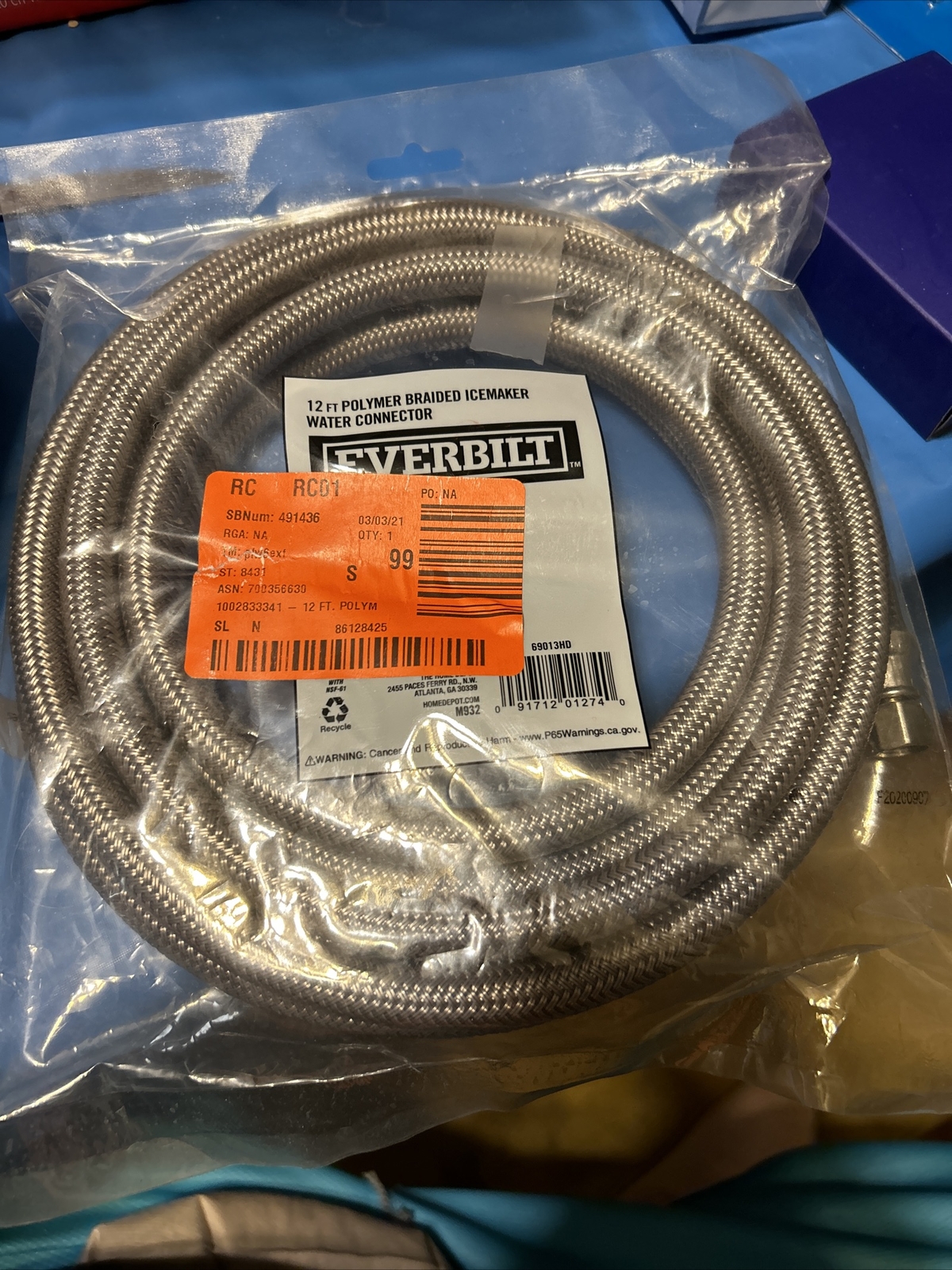 Everbilt Ice Maker Water Supply Line Polymer Braided 12ft. 1/4" x 1/4