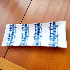 10.5x4" Porcelain Sushi Serving Dish Appetizer Serving Plate Blue/White Bamboo 