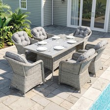 Image of Round PE Rattan Dining Set for 6 with Seat and Back Cushions, Umbrella Hole