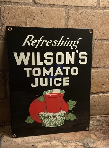 Wilson's Refreshing Tomato Juice Vintage Porcelain Enameled Ad Sign 11 X 8.25"