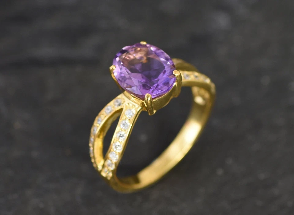 3.21 Ct Oval Cut Natural Amethyst & Diamond Wedding 14K Ring Yellow Gold Sz 8.5 - Image 2 of 4