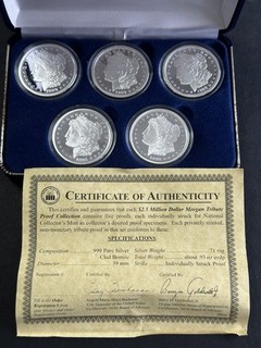 LOT of (5) Morgan Proof Dollar Coins .999 Pure Silver w/ COA