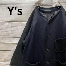 USED Y'S COLLARLESS COAT, LONG MIXED MATERIAL, BLACK, NAVY, HARD TO FIND GOOD